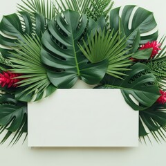 Lush Tropical Green Leaves Framing White Blank Sign.