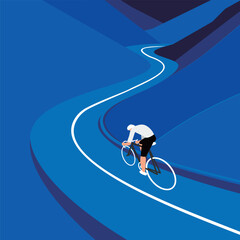 Cyclist riding a bicycle swiftly along a mountain road, in minimalist vector illustration style.