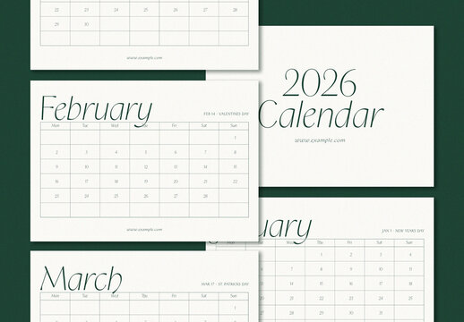 Elegant White and Green Calendar