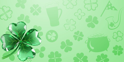 St Patricks Day themed illustration with green shamrocks, beer, and pot of gold on light green background.