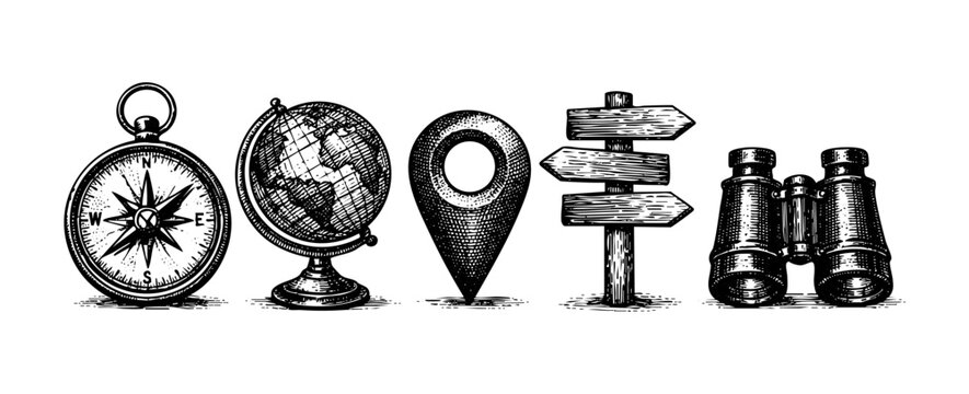 A vintage woodcut style illustration depicts a collection of travel and exploration tools including a compass, globe, map pin, directional signpost, and binoculars on a white background.