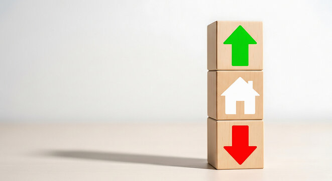 Three Wooden Blocks with House and Up Down Arrows Stacked Vertically house up arrow green arrow