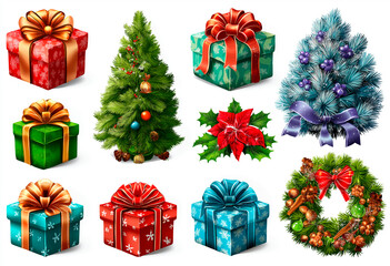 Collection of Christmas gift boxes festive trees wreath and poinsettia flower isolated on white background