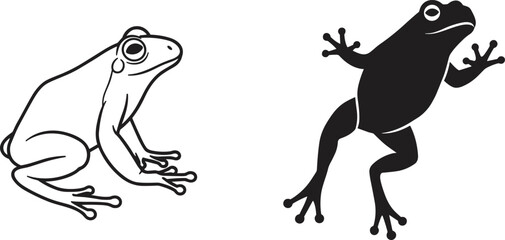 Fototapeta premium Frog silhouette and line drawing, climbing and crouching poses, black and white contrast, minimal art, dual style, motion study