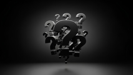 Mysterious question marks floating in dark space with spotlight