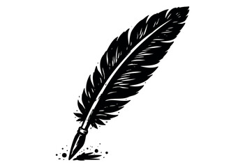 Obraz premium A black silhouette of a feather quill pen with a pointed tip, resting on a white background with scattered ink splatters, evoking a sense of writing or creativity.