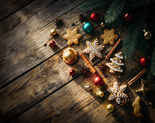 Christmas gingerbread cookies and ornaments decorating wooden table