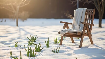 A wooden chair with a white blanket sits in a snowy field with green shoots.