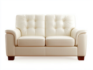 Elegant modern beige leather sofa with tufted backrest and wooden legs isolated on white background
