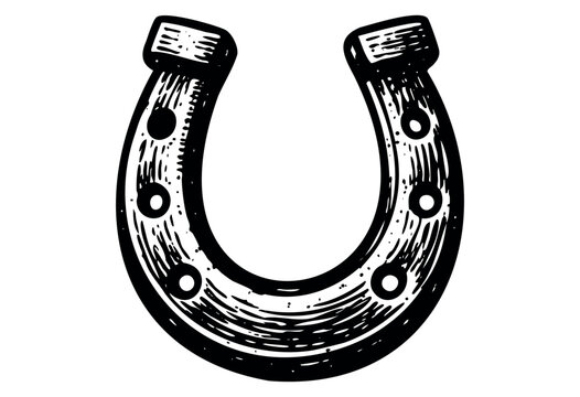 A hand-drawn, black ink illustration of a classic horseshoe with visible nail holes against a stark white background, conveying a sense of luck and tradition.