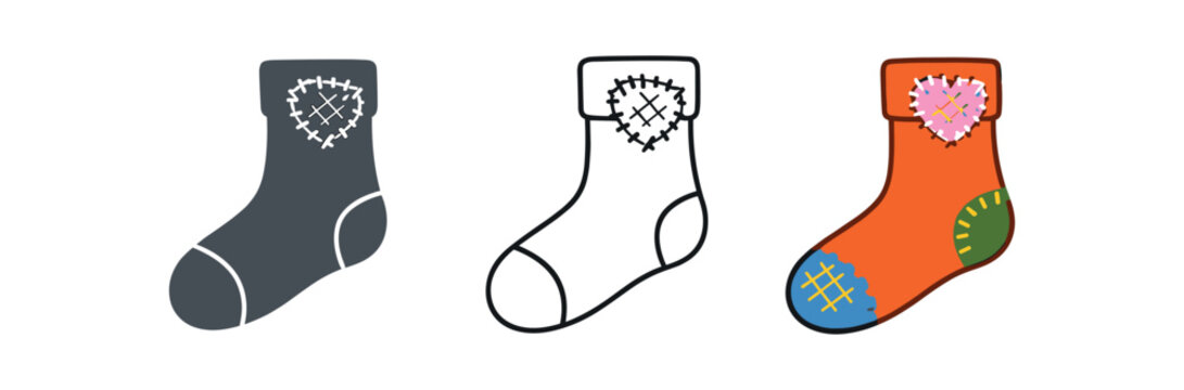 visible mending cozy socks lineup each with different colorful darning repair