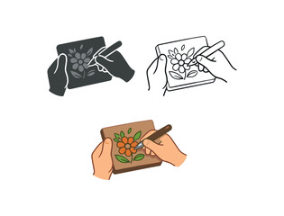 pottery craft hands carving floral design into soft clay tile