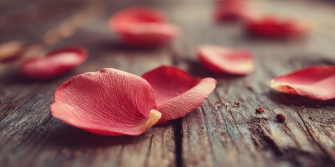 Red Rose Petals on Weathered Wooden Surface