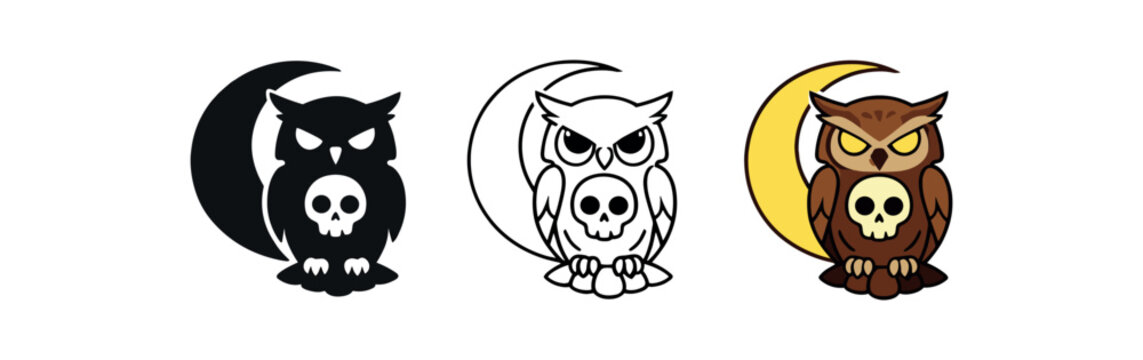 psychopomp owl with skull marking on chest and moon behind