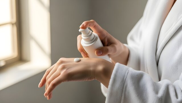 Woman Applying Skincare Cream on Hand Indoors.