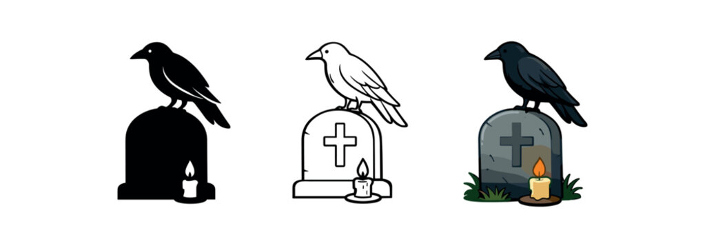 psychopomp crow perched on gravestone with tiny candle at base