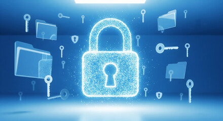  An abstract conceptual image of a glowing digital padlock constructed from shimmering light particles. Surrounding the lock are floating translucent data folders and encryption keys. Professional, cl