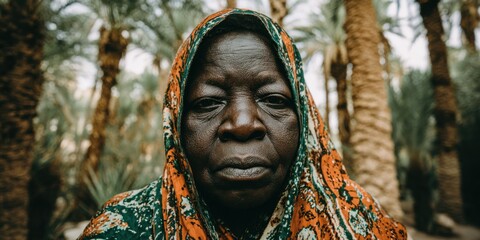 Elderly Woman in Colorful Headscarf Surrounded by Palm Trees