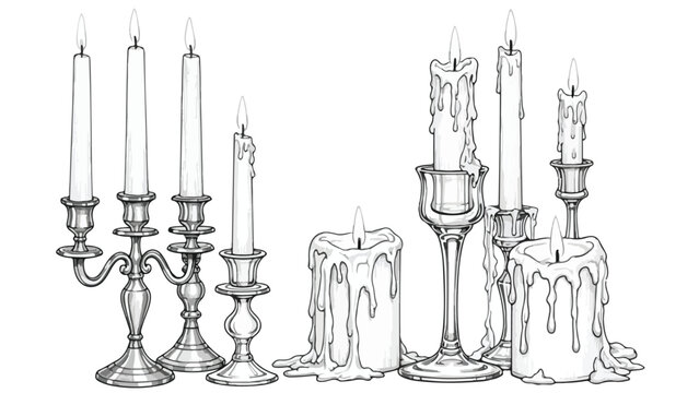 Elegant silver candelabra with lit candles and melting wax vector sketch
