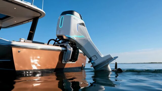 Medium shot of an electric marine engine in operation showcasing silent propulsion and zeroemission benefits aboard an ecofriendly boat under clear skies.