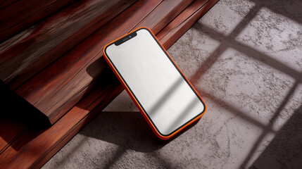 Mockup image of smartphone resting against wood surface with moody shadows. Mobile phone with white screen template.