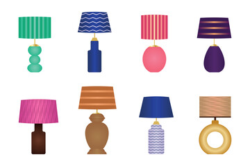 A set of table lamps for interior design. Table lamps with lampshades in a modern style. Vector illustration isolated on a white background.