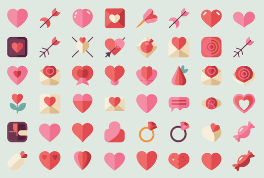 Modern flat Valentine's Day icon set with romantic pink hearts, love arrows, engagement rings, wedding letters, and sweet candies for greeting card design.