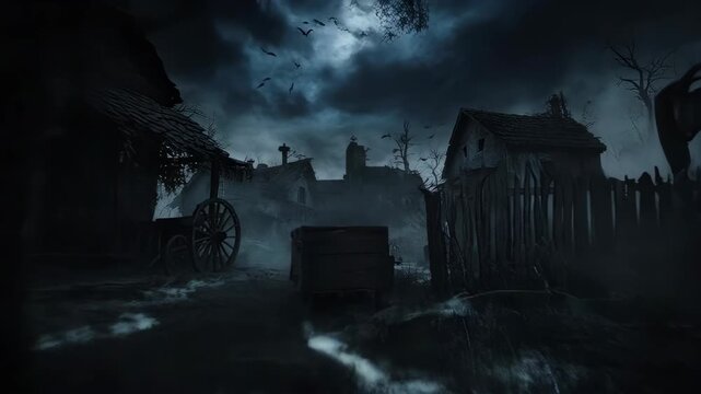 Gloomy, dark scene with textured ground leading to dilapidated buildings in the distance