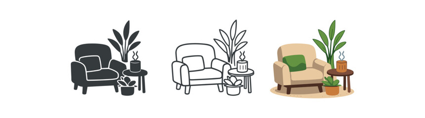 slow living peaceful corner with indoor plants and bamboo diffuser