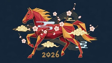 Geometric Red Horse with Cherry Blossoms and Clouds