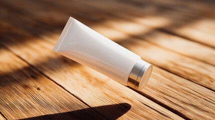 Floating white plastic tube for mockup against blurred background. Cosmetic cream, health care beauty product packaging.