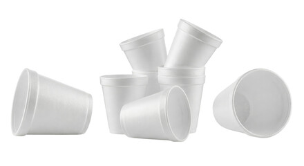 Collection of white disposable cups arranged with isolated transparent background