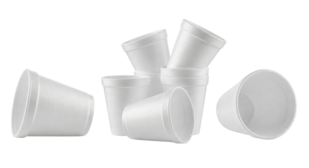Collection of white disposable cups arranged with isolated transparent background