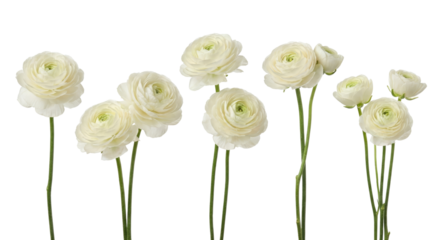 Elegant White ranunculus flowers with long slender stems isolated on transparent background