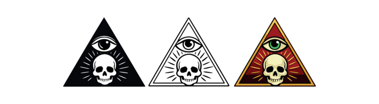esoteric symbols triangle with eye and radiant skull inside