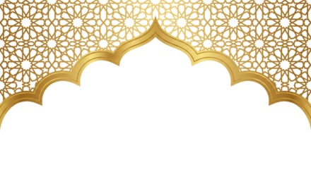 Elegant intricate gold Islamic geometric pattern with ornate arch design isolated on transparent