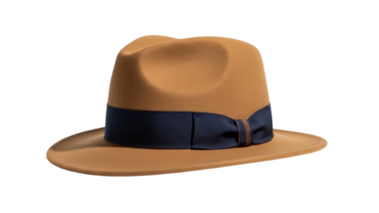 Elegant brown fedora hat with navy ribbon isolated PNG, classic men s fashion accessory for formal and casual wear