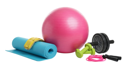 set of fitness equipment including pink stability ball yoga mat dumbbell and jump rope isolated on