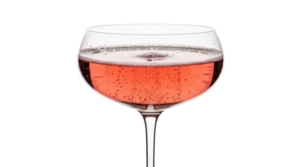 Elegant coupe glass with pink champagne isolated PNG, sparkling wine with bubbles on transparent background for celebrations and special occasions