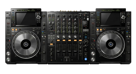 professional DJ mixing equipment setup featuring dual turntables with a central mixer isolated