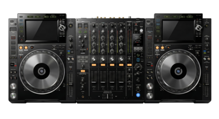 professional DJ mixing equipment setup featuring dual turntables with a central mixer isolated