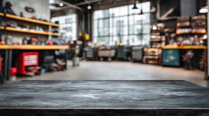 Empty dark wooden workbench table top with blurred workshop or garage interior background for product display