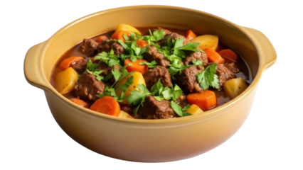 Hearty beef stew with potatoes and carrots isolated in a bowl PNG, comfort food for cold weather and family dinners