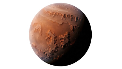 Detailed Mars planet PNG isolated on transparent background, red planet with craters and canyons for space exploration and science projects