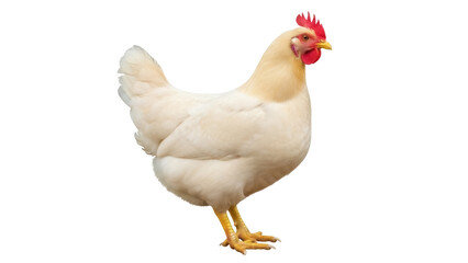 Cream Legbar chicken isolated PNG on transparent background, domestic fowl with yellow legs and red comb for poultry farming