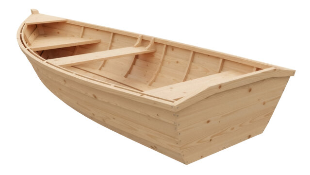 Wooden rowboat PNG isolated on transparent background, small light-colored boat for fishing or recreation, nautical vessel