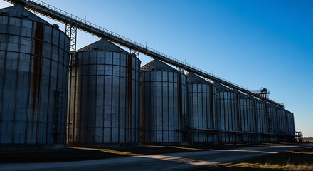 Fototapeta premium Large industrial grain silos with metal structures under clear blue sky storage 1