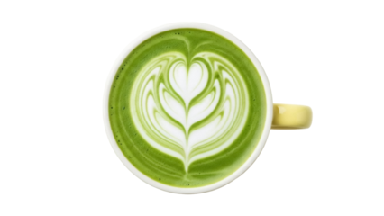 Matcha latte art in a cup isolated PNG on transparent background, green tea latte with heart shape for cafe menu and healthy drinks