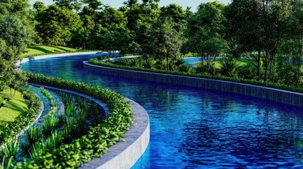 Fototapeta premium Serene Curved River Surrounded by Lush Greenery in a Tranquil Park Environment