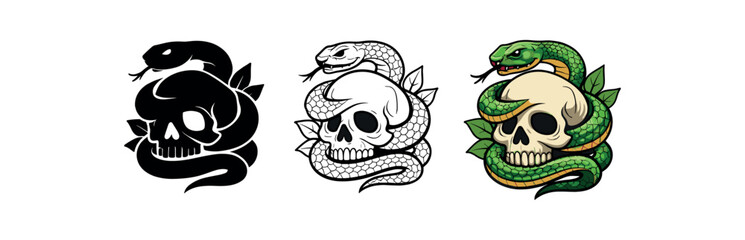 dark nature snake coiled around skull with leaf